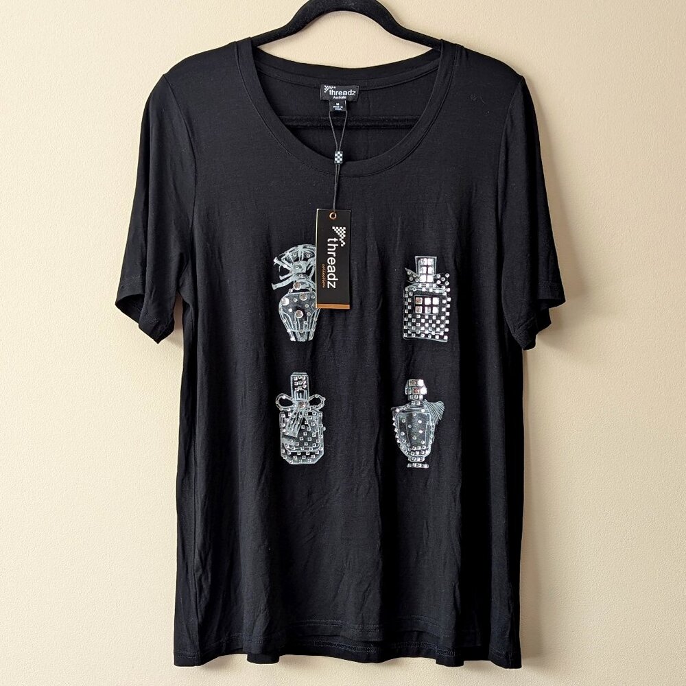 THREADZ Australia Embellished Perfume Bottle Rhinestone W Top T Shirt Tunic Sz M